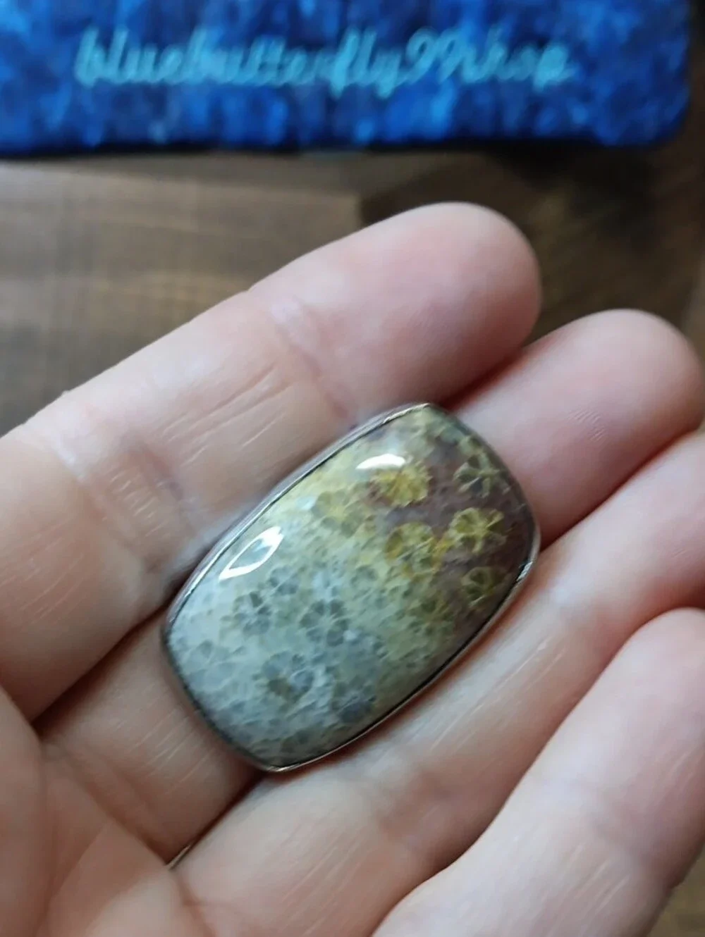 Handcrafted Floral Fossil Coral Stone Statement Ring in Cream and Brown